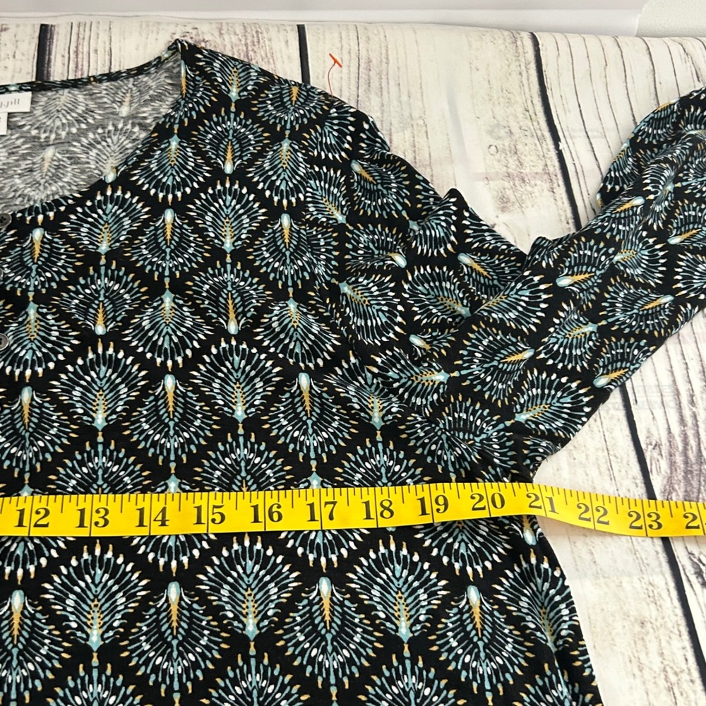 J. Jill Petite Large Peacock Print Henley Tunic Top Teal Black 3/4 Sleeve Rayon - Picture 9 of 10